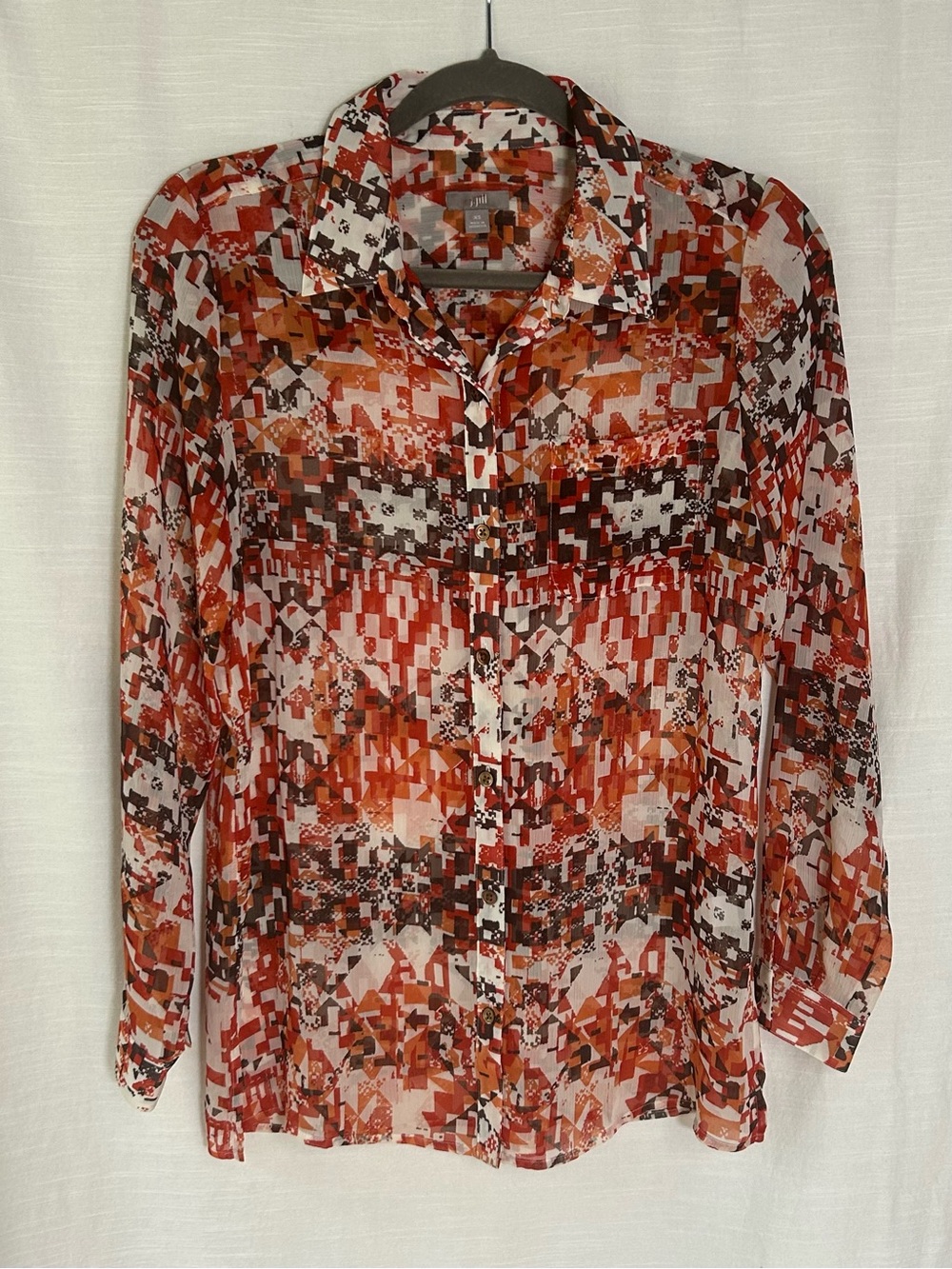 J. Jill Printed Long-Sleeve Button-Up Blouse in Maximalist Orange and Brown‎